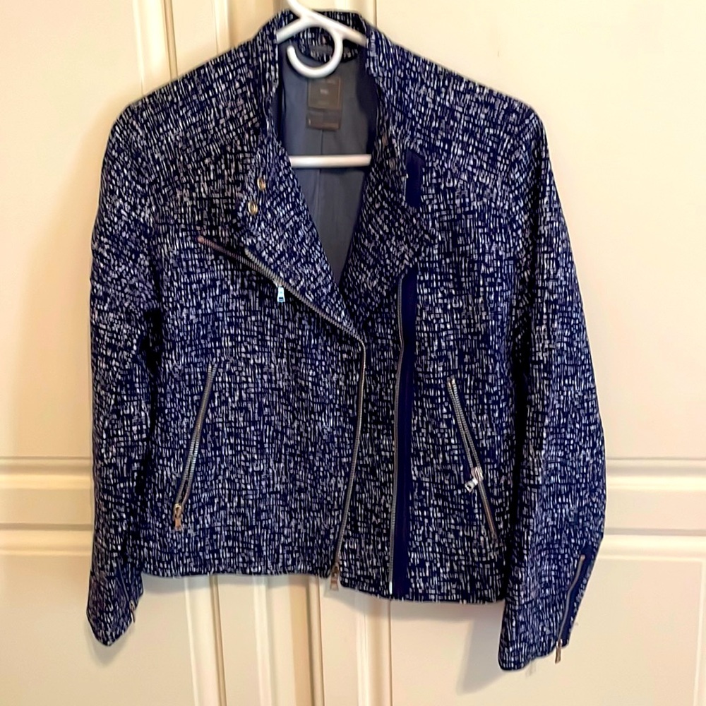 Navy and white print moto jacket. Gap size small